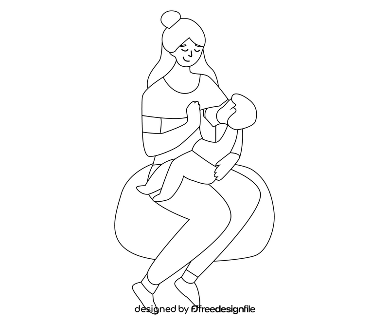 Cute girl breastfeeding cartoon black and white clipart