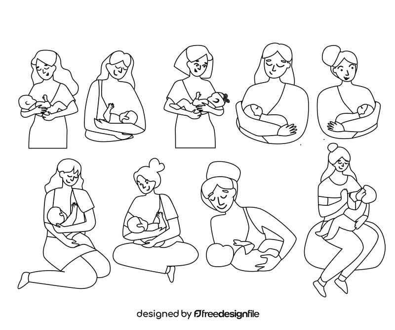Girls breastfeeding babies black and white vector