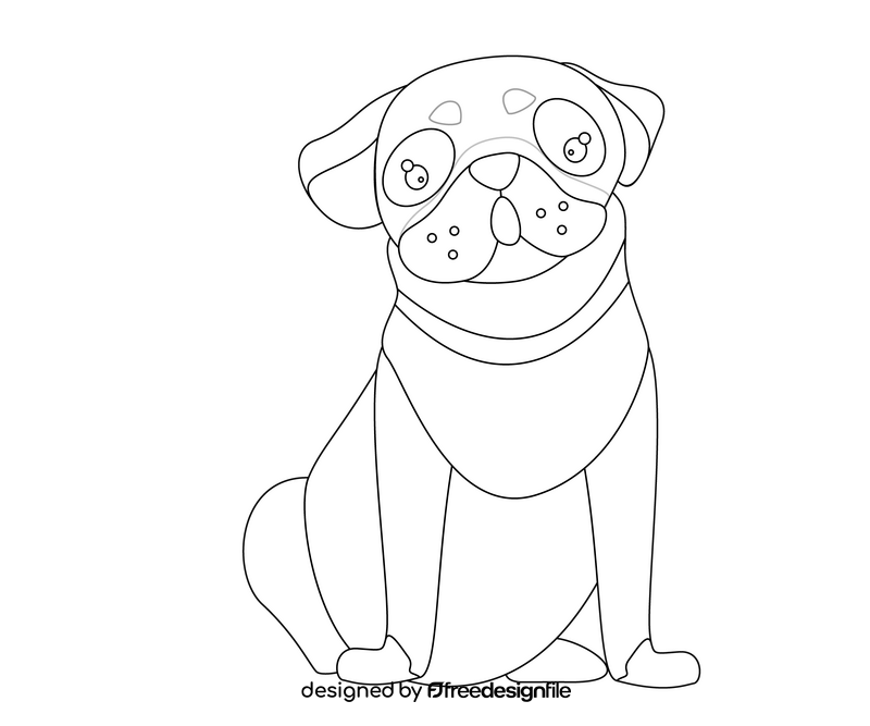 Pug dog sitting black and white clipart