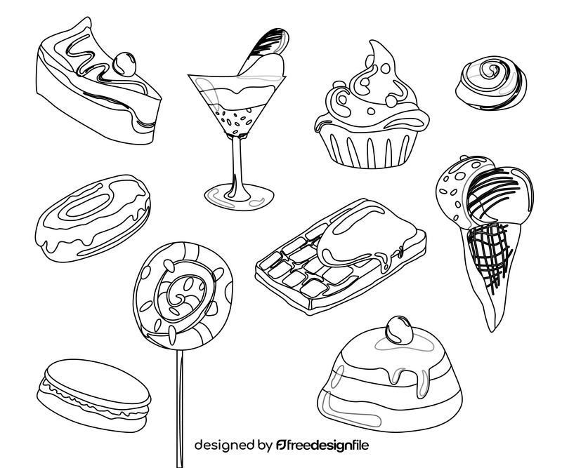 Cakes, sweets black and white vector