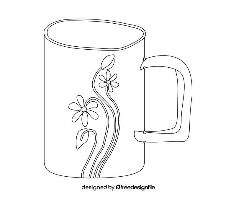 Flowers drawing on cup black and white clipart