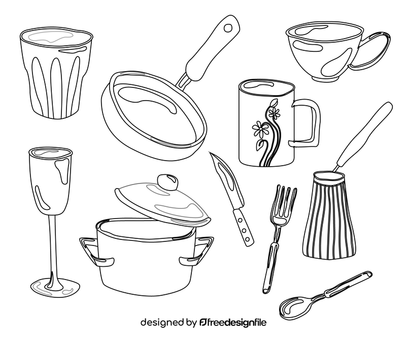 Kitchen dishes black and white vector