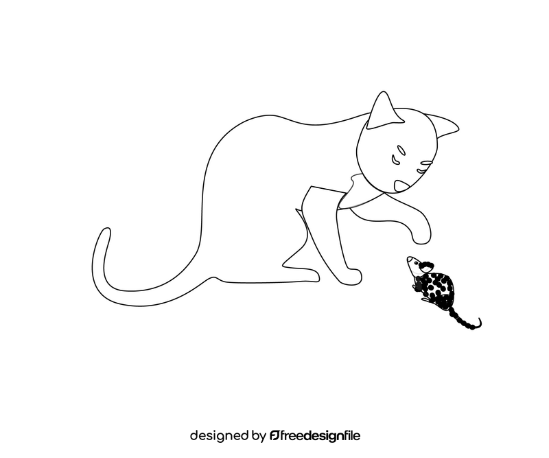 Cat catching mouse black and white clipart