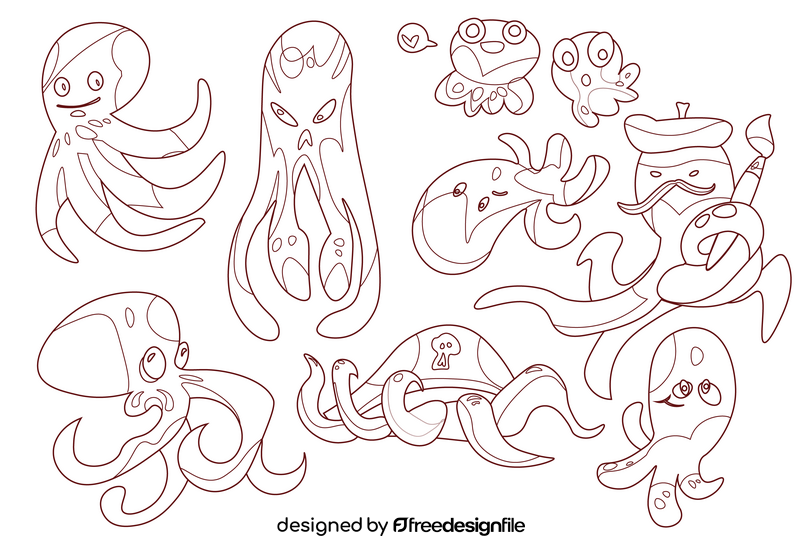 Octopus cartoon set black and white vector