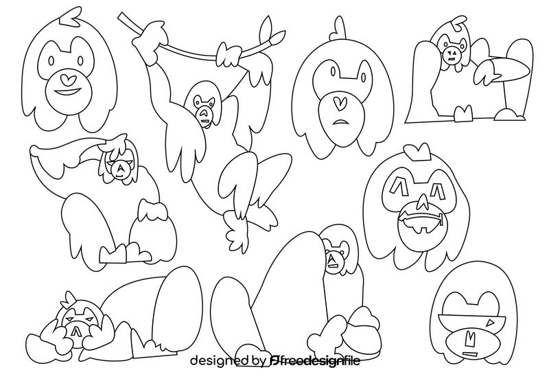 Orangutan cartoon set black and white vector