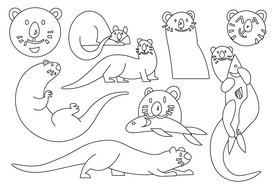 Otter cartoon set black and white vector
