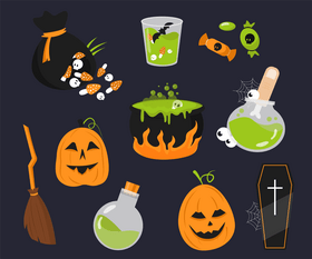 Halloween Symbols, Cauldron, Broom, Pumpkin Vector Free Download