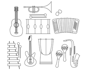 Cartoon musical instruments black and white vector