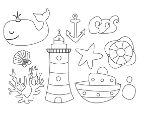 Sea elements, sea life black and white vector