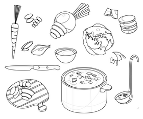 Russian borscht soup recipe black and white vector