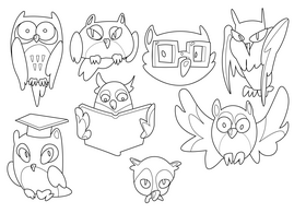 Owl cartoon set black and white vector