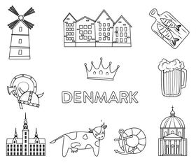 Attractions Denmark black and white vector