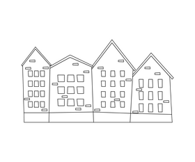 Colorful Danish houses black and white clipart