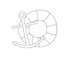 Cartoon anchor with lifebuoy black and white clipart