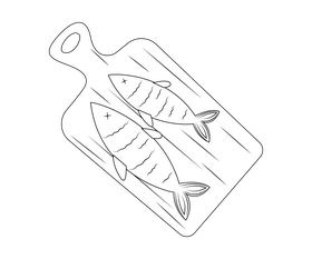 Fish on cutting board black and white clipart
