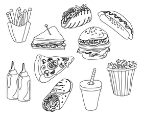 Fast food, junk food black and white vector