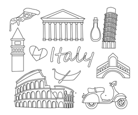 Italy travel sightseeing, Italy symbols black and white vector