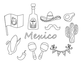 Mexican symbols, Mexico icons black and white vector