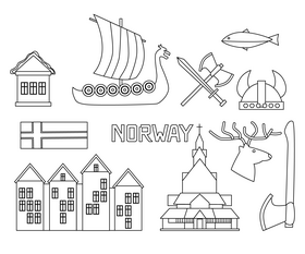 Norway, Norwegian symbols black and white vector