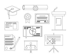 Education set, college, university black and white vector