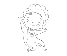 Curly dark skinned cartoon boy in a jumpsuit black and white clipart