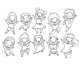 Happy children, cute boys, smiling girls black and white vector
