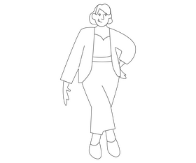 Cartoon girl in jacket standing black and white clipart