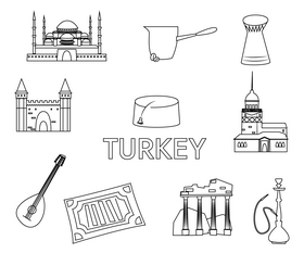 Turkey travel symbols, attractions black and white vector