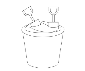 Bucket of sand with shovels black and white clipart