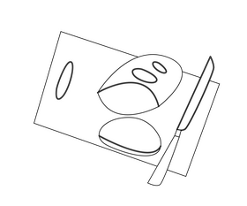 Slices of bread on cutting board black and white clipart
