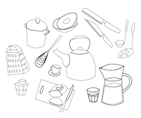Kitchen tools, kitchen utensils black and white vector