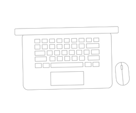 Cartoon laptop with mouse, notebook computer black and white clipart