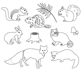 Forest cartoon animals black and white vector