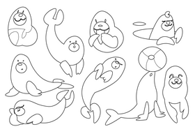 Seal cartoon set black and white vector