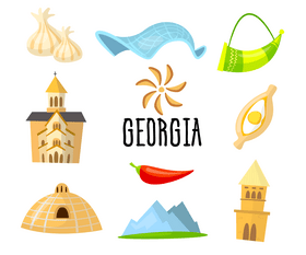 Georgia color linear icons, travel sights vector