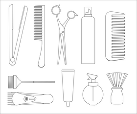 Hairdresser accessories, hairdressing tools black and white vector
