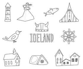 Iceland tourist attractions black and white vector