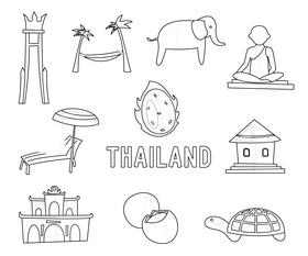Thailand travel symbols black and white vector