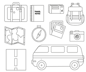 Trip, travel icons black and white vector