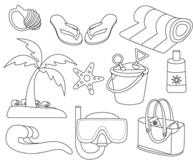 Beach objects, summer set black and white vector