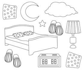 Bedroom elements, sleeping icons black and white vector