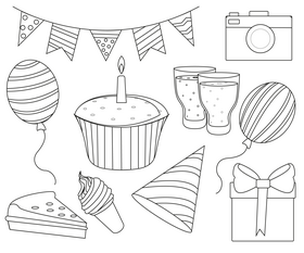 Happy birthday party elements black and white vector