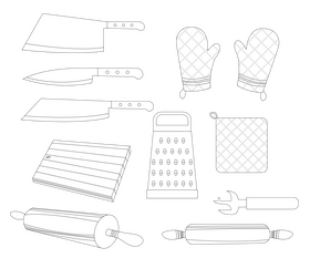 Kitchen utensils set black and white vector