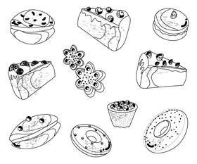 Sweet cakes, dessert black and white vector