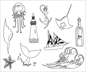 Sea elements black and white vector