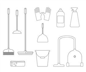 Cleaning tools black and white vector