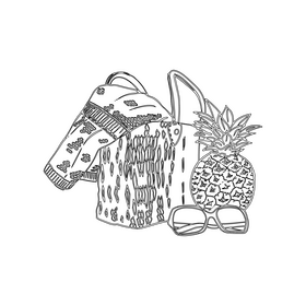 Beach Bag with Sunglasses, Towels, and Kiwi black and white clipart