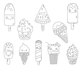 Cute kawaii ice creams black and white vector