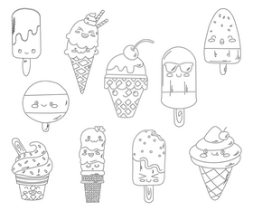 Cartoon kawaii ice creams black and white vector
