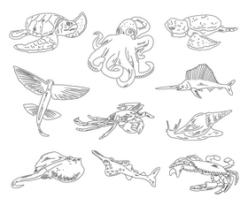 Sea animals, fishes black and white vector